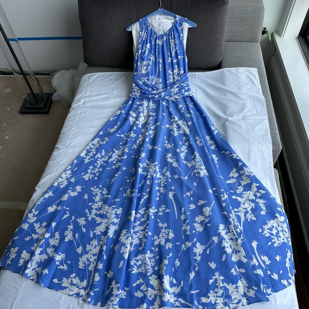Blue and White Silk Long Dress